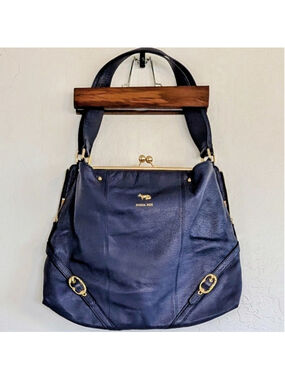 EMMA FOX Navy Genuine Leather Frame-Top Shoulder Bag Vintage-inspired Kiss-Lock